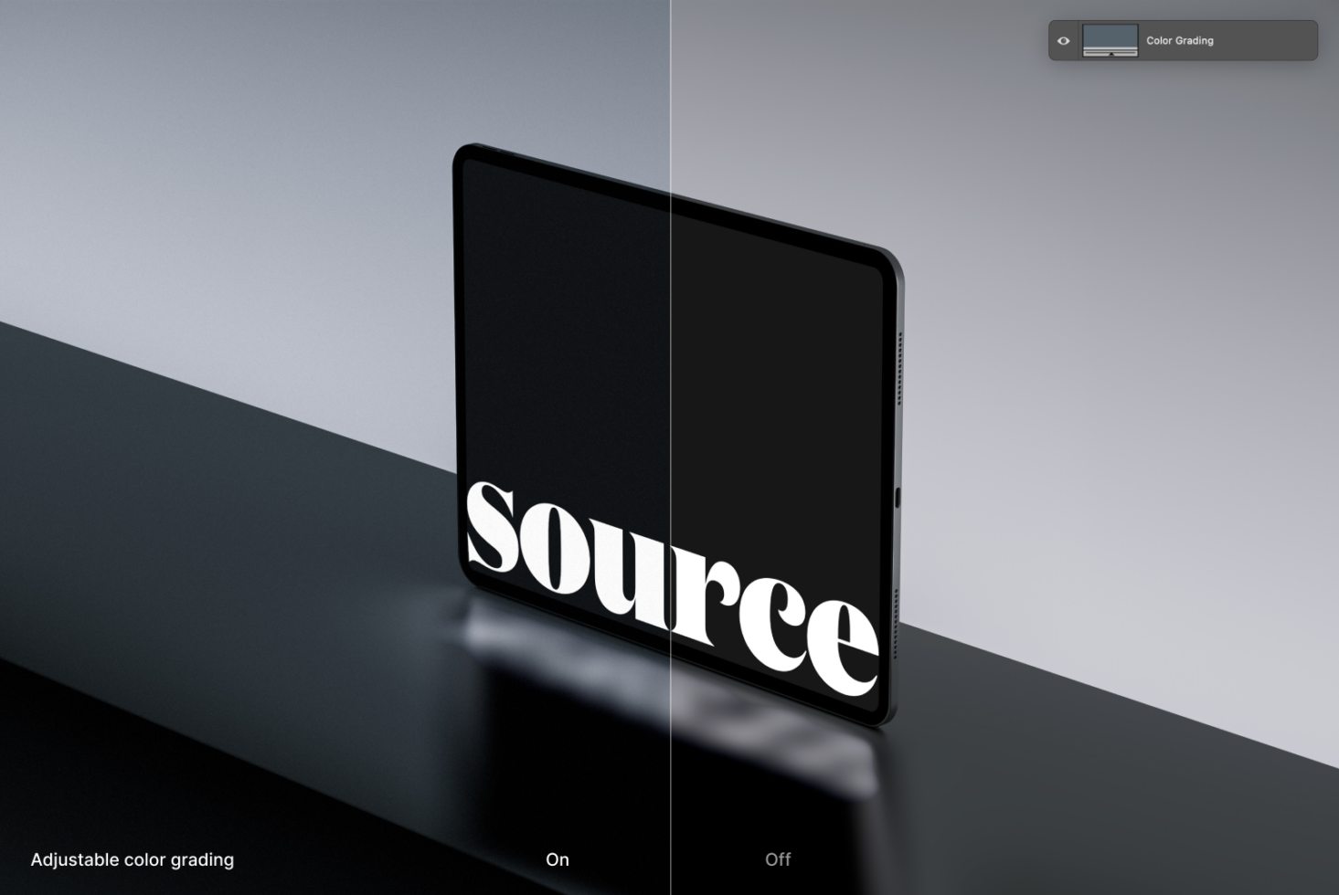 Tablet mockup displaying Source text with color grading toggle on off