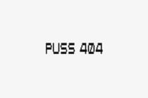 Pixelated retro text reading 'PUSS 404' in black on light background