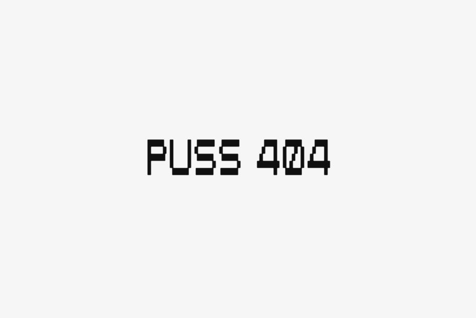 Pixelated retro text reading 'PUSS 404' in black on light background