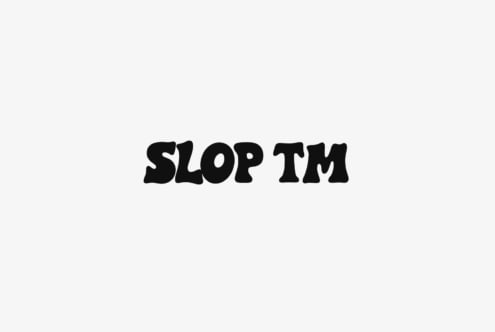 Black wavy retro font spelling SLOP TM on light background
