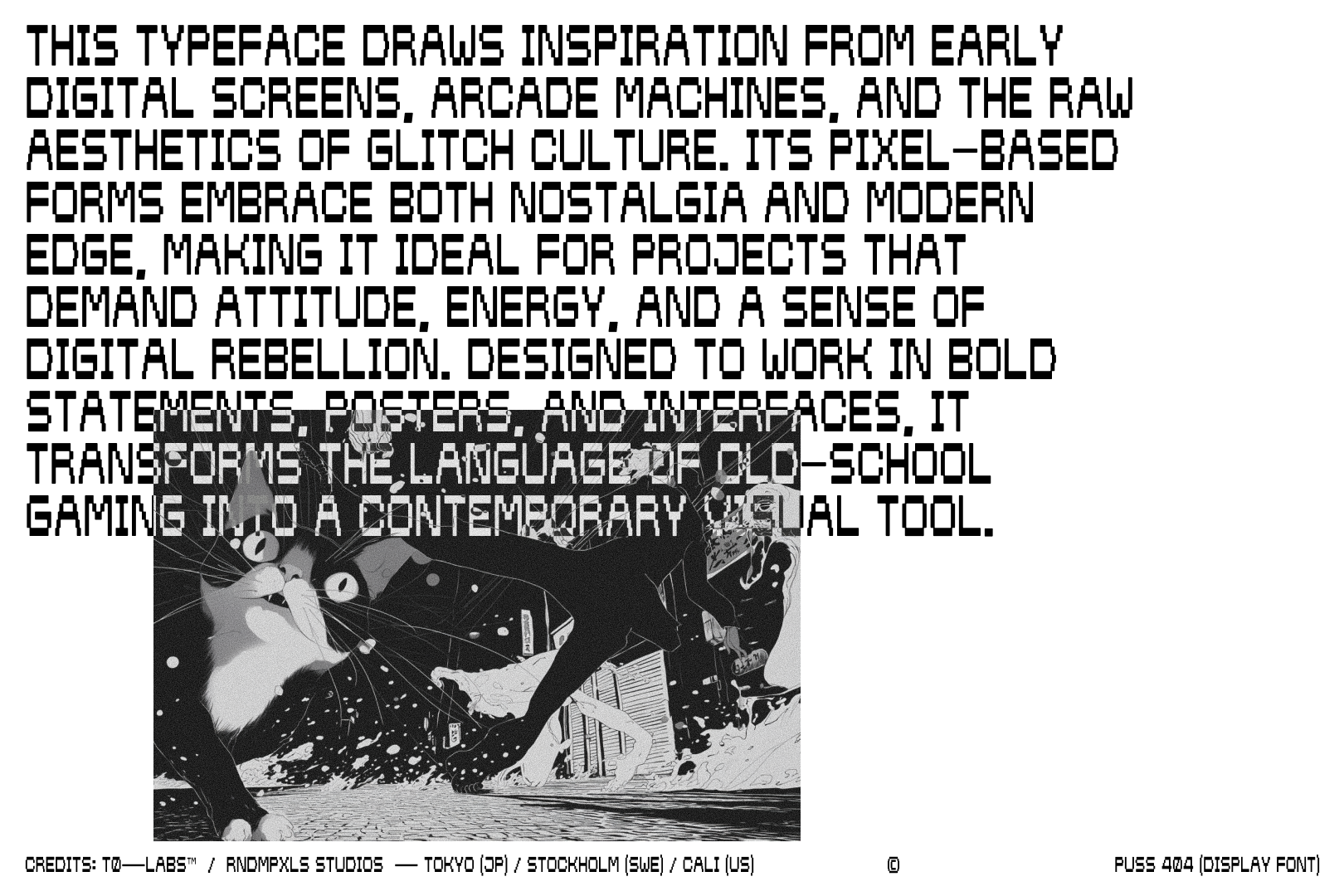 Retro pixel cat face with glitch aesthetic overlaid with blocky arcade-style typeface