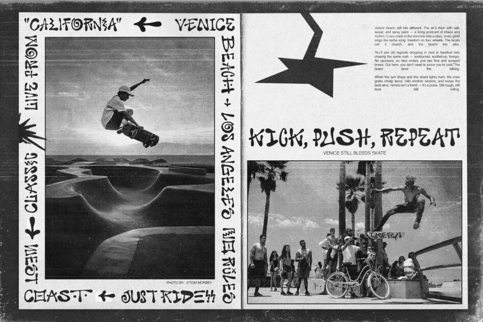 Venice skate culture spread showing ramp tricks plus beach boardwalk gathering black white