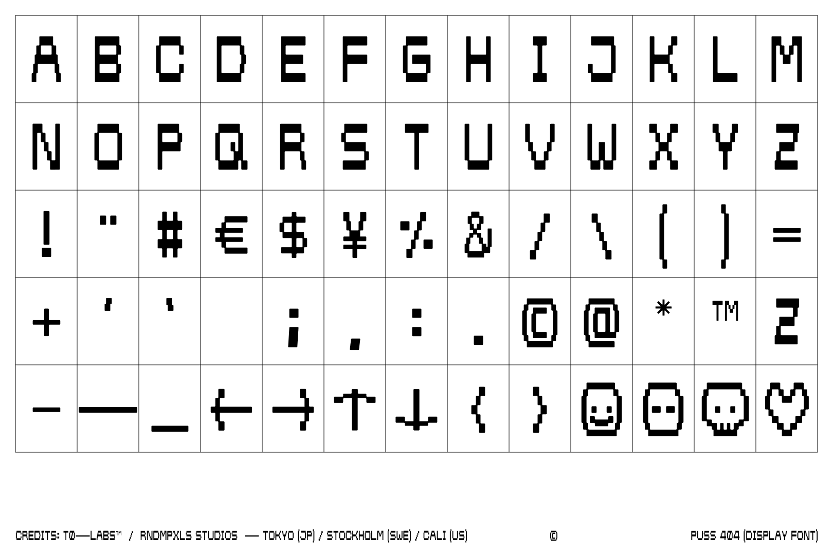 Complete character set grid showing letters, numbers, symbols in retro pixelated font