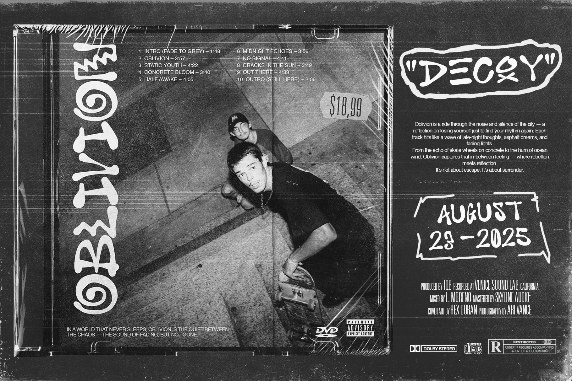 Oblivion music album cover with two people in concrete space, track listing, August 2025 release date