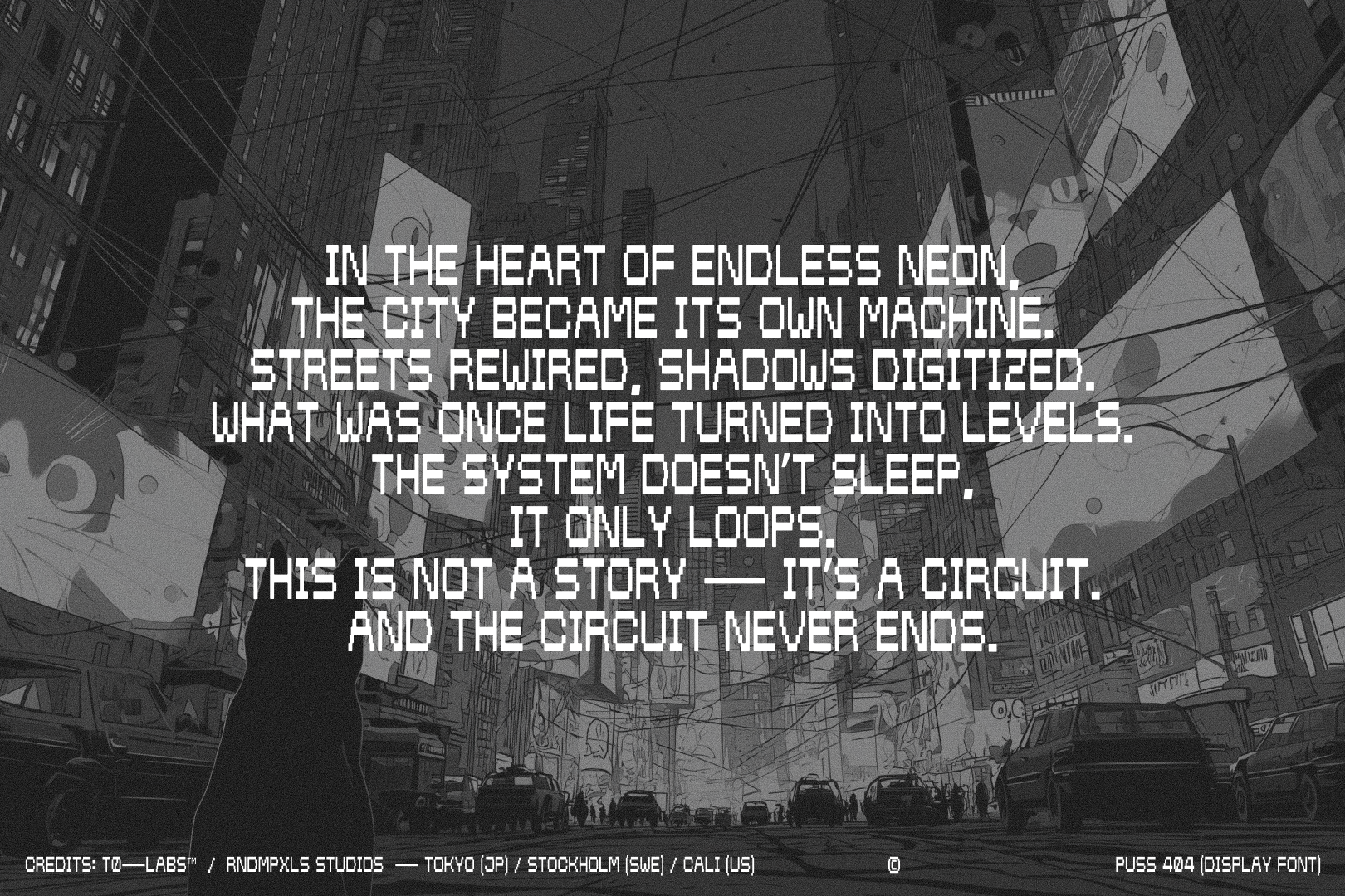 Dystopian narrative text in blocky monospace font over gritty neon-lit street scene