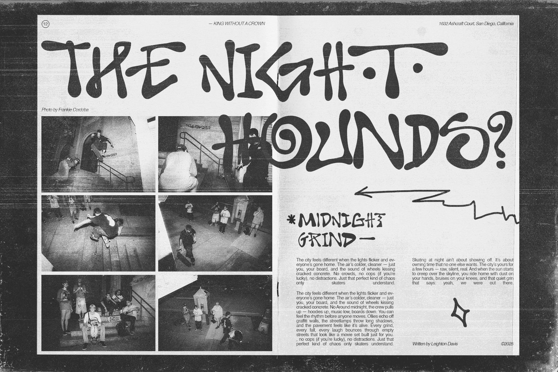 Magazine spread titled the night it sounds with skating photos, hand-scrawled typography, midnight grind