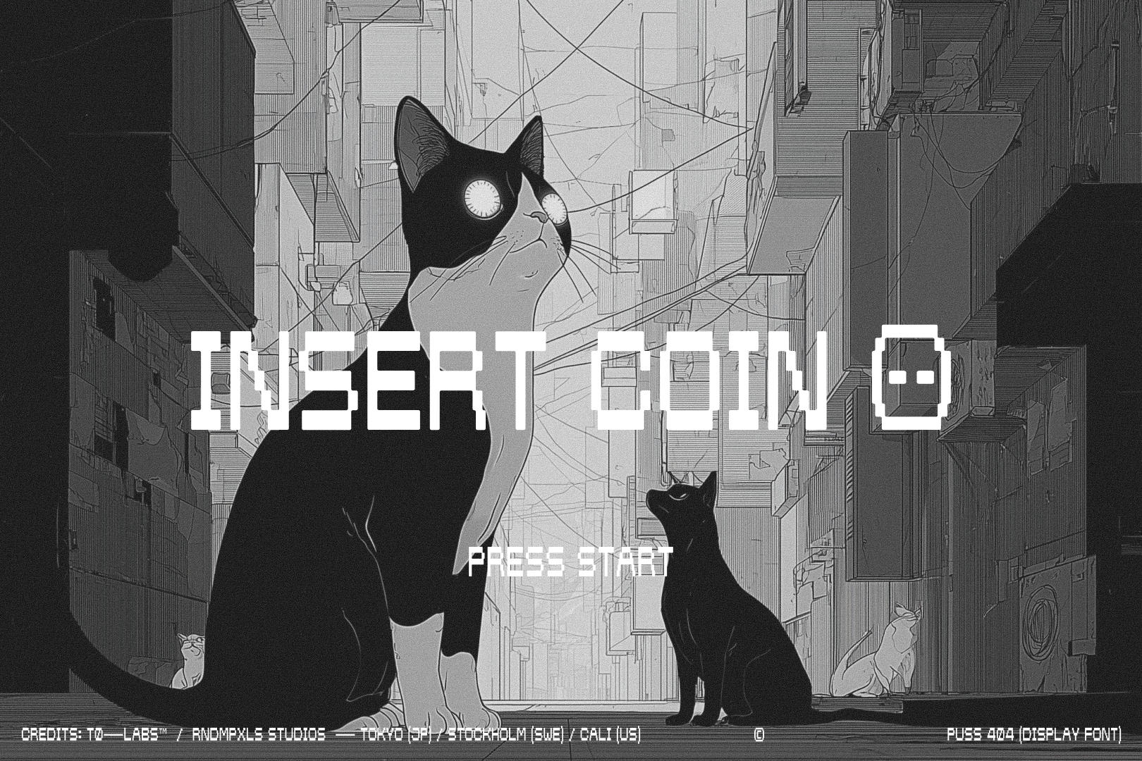 Geometric pixel font stacked vertically over manga cyberpunk cityscape with cats