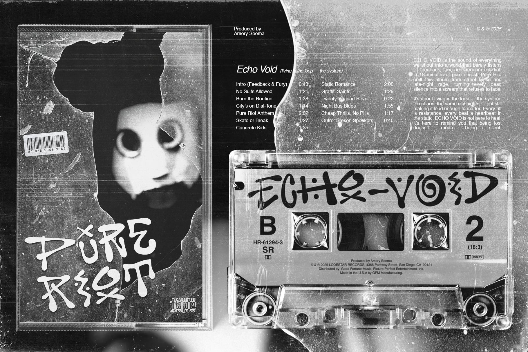 Cassette tape with Echo Void album artwork showing distorted face on case spine