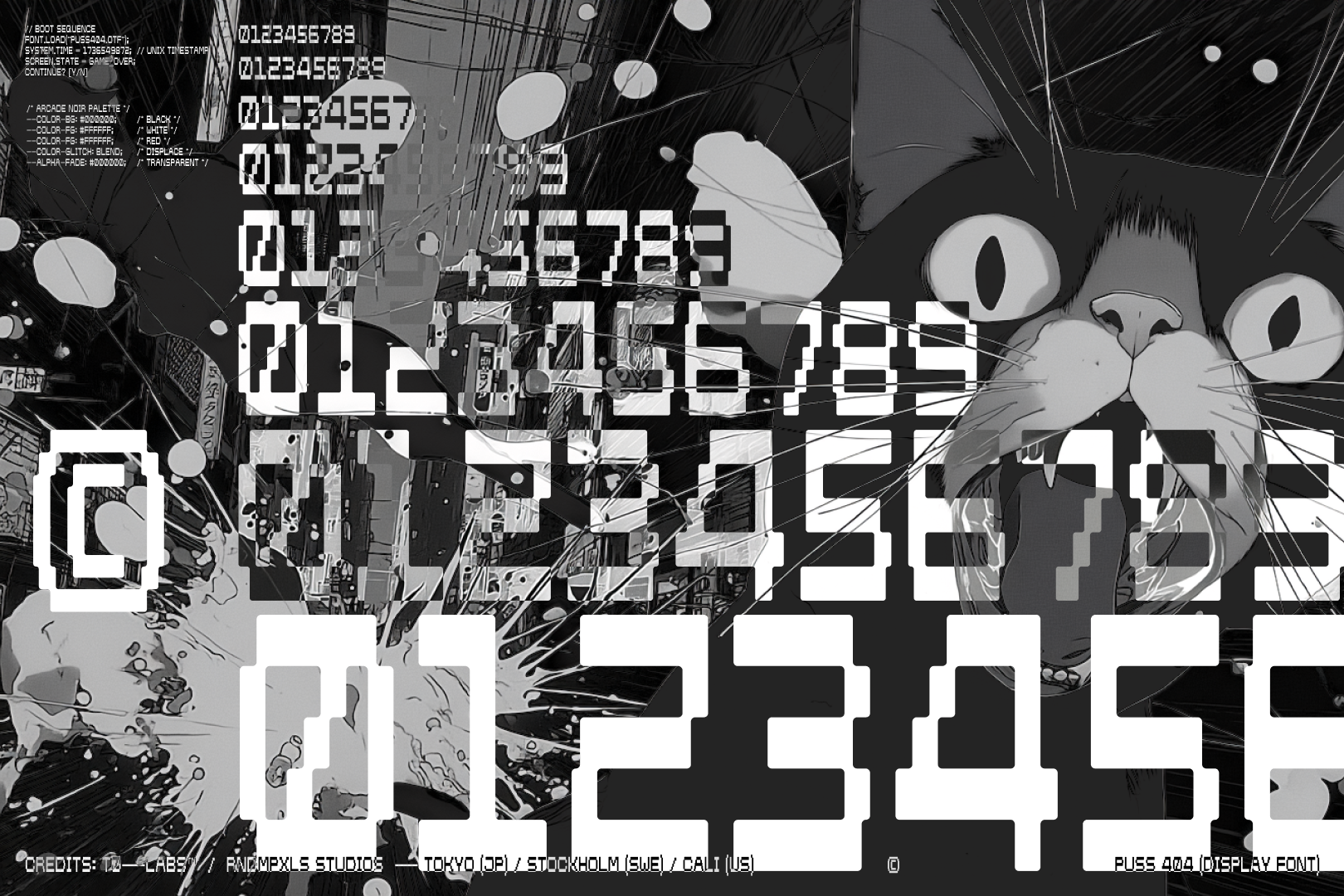 Glitchy pixel font displaying numbers layered over manga scene with giant cat eyes