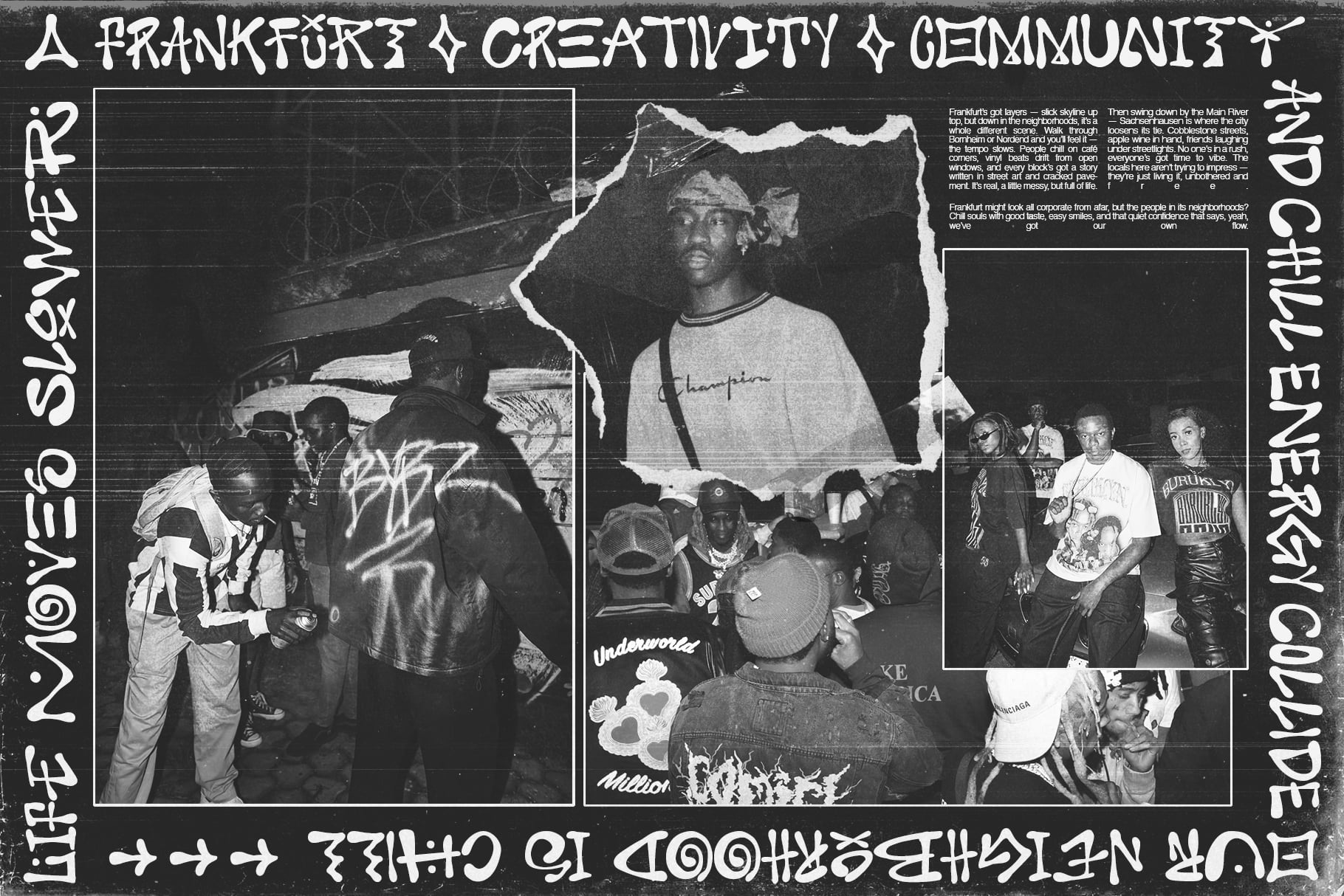 Gritty Frankfurt street culture poster featuring group shots over torn paper collage design