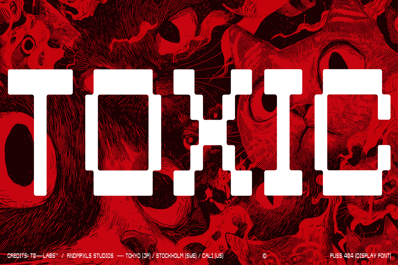 Chunky white pixelated letters over red engraved animal skull background texture