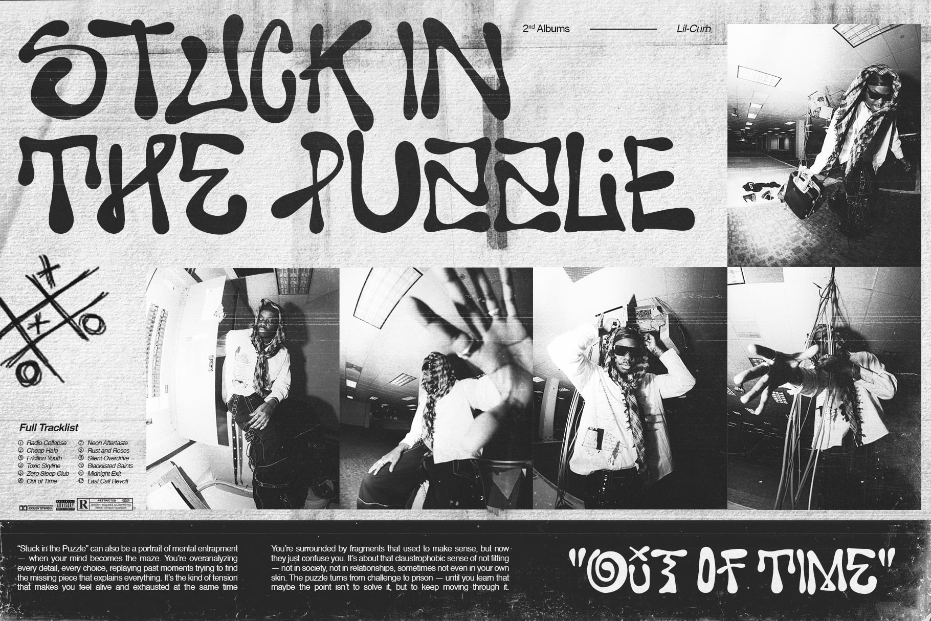 Magazine spread showing Lil Curb album Stuck in the Puzzle with band photos scattered across layout