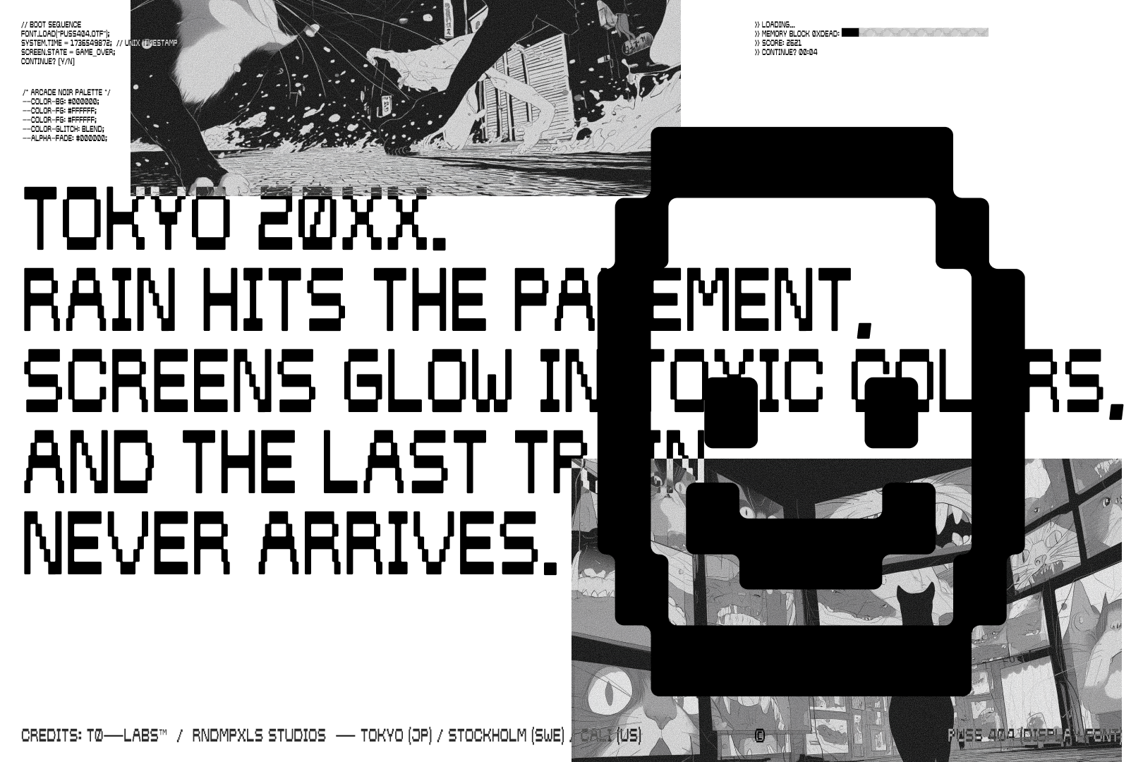 Retro arcade typeface with game controller mockup overlaid on manga urban scene