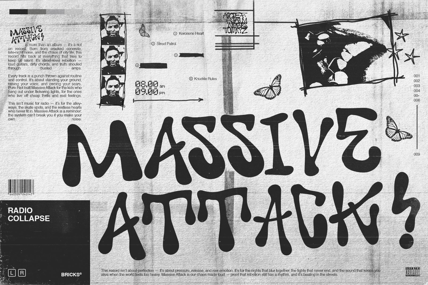 Massive Attack Radio Collapse album cover with bold typography layered over sketched portraits