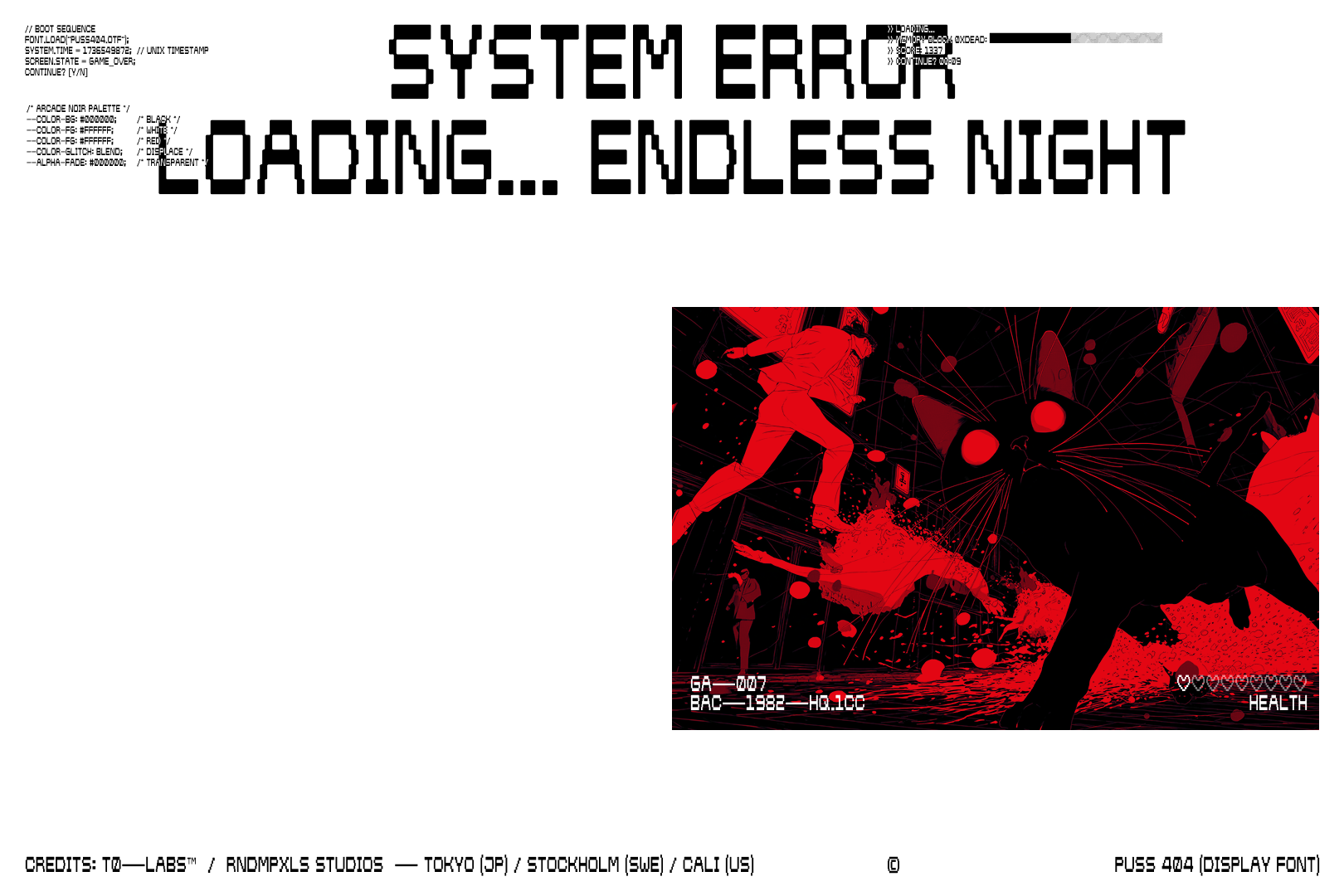 System error screen loading endless night, red pixelated figure with health bar below