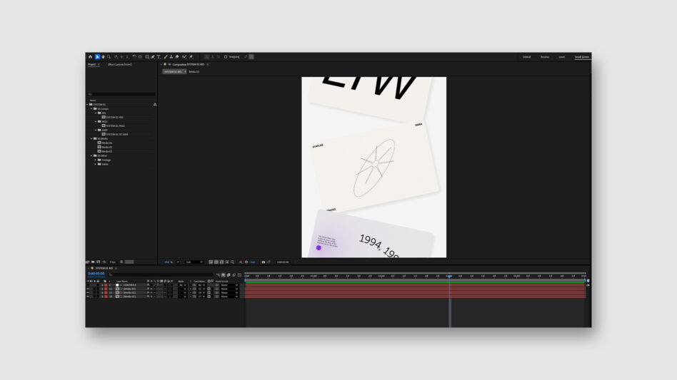After Effects timeline screenshot showing motion graphics project with layout mockups