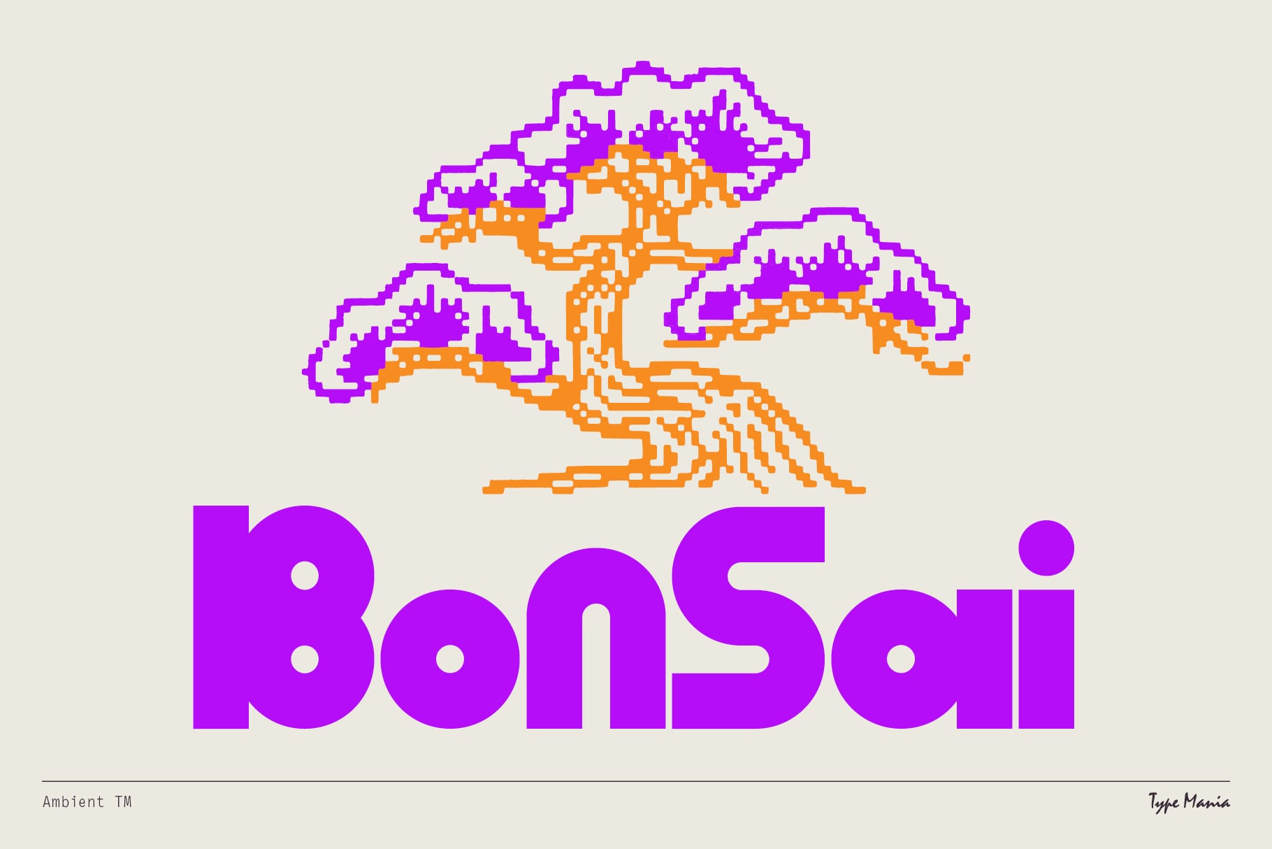 Bonsaii logo with pixelated orange tree silhouette on magenta purple text below