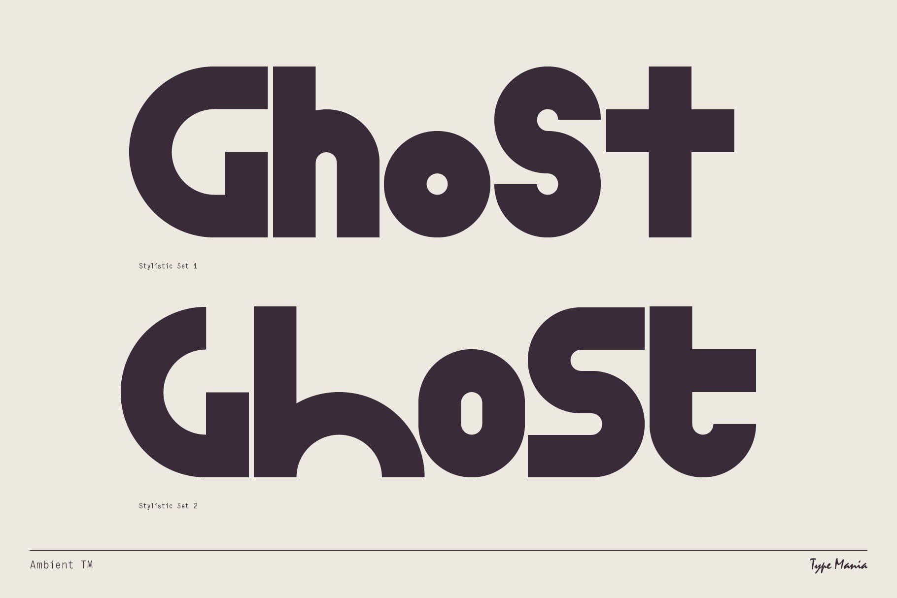 Ghost typeface displaying two stylistic sets on cream background uppercase letters