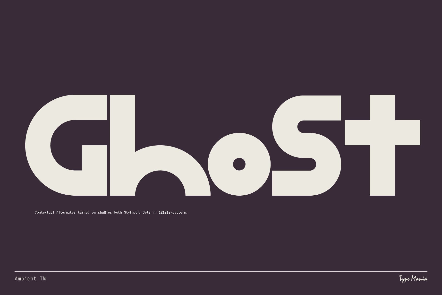Ghost+ font shown on dark purple background with contextual alternates example