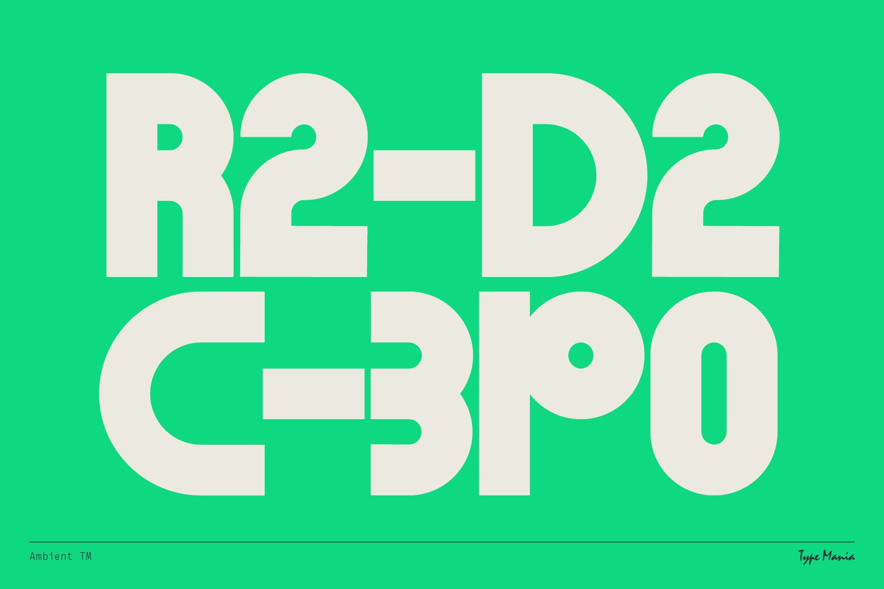 RE-D2 C3FO typographic display on vibrant green background in bold sans serif