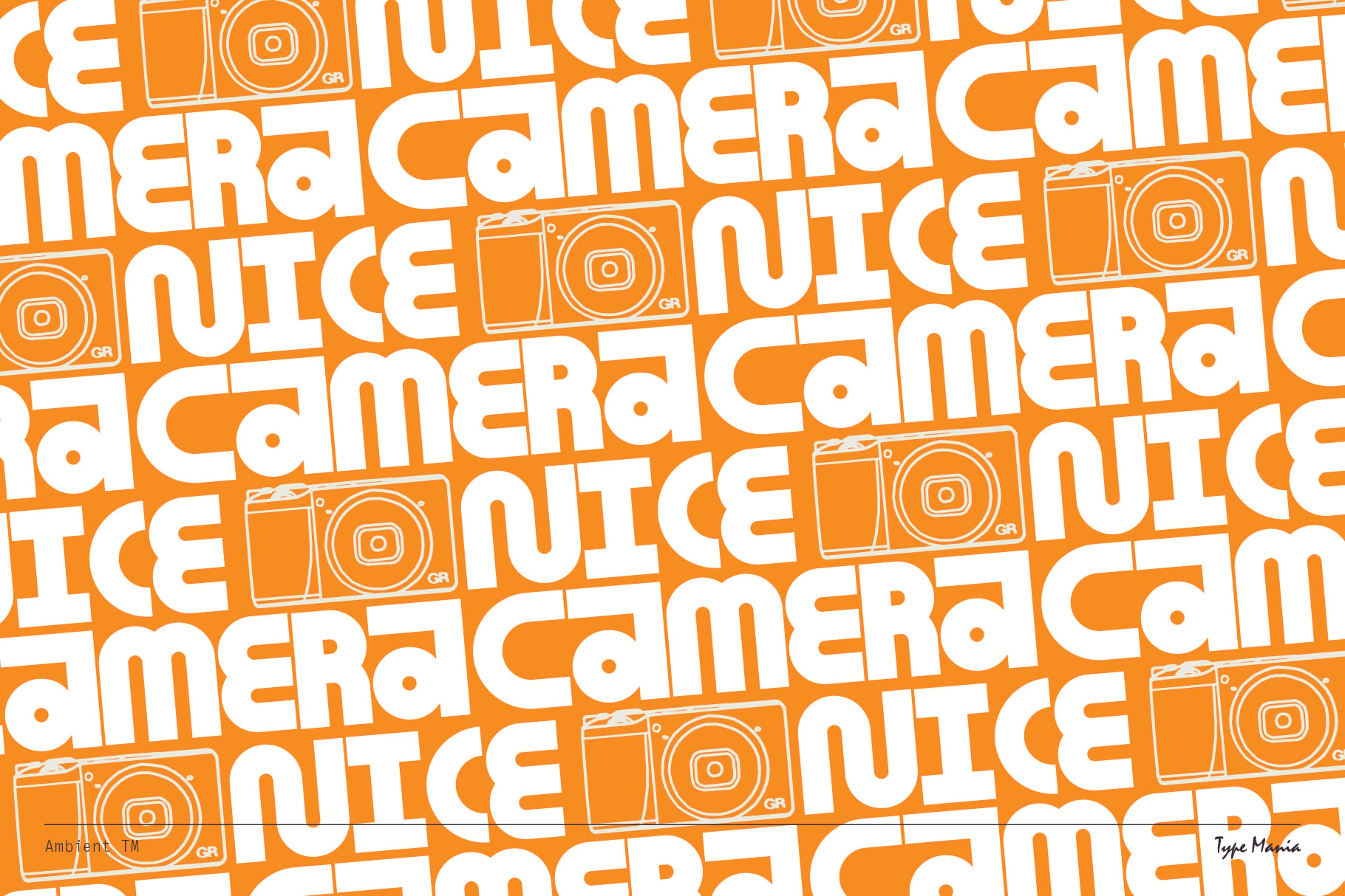 Orange seamless pattern of camera icons with text repeating across bright background