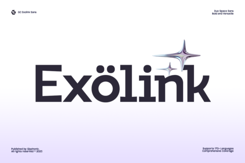 Exolink typeface specimen with geometric star icon accent on soft lavender