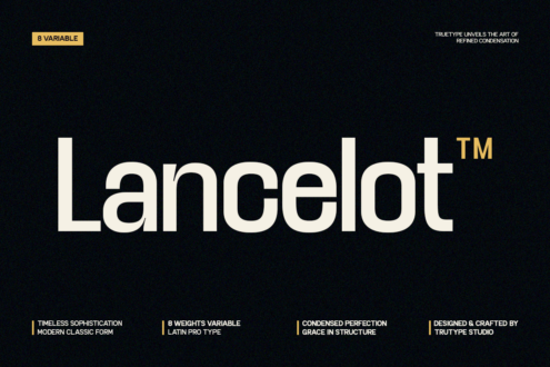 Lancelot typeface with 8 variable weights displayed in cream text on dark background