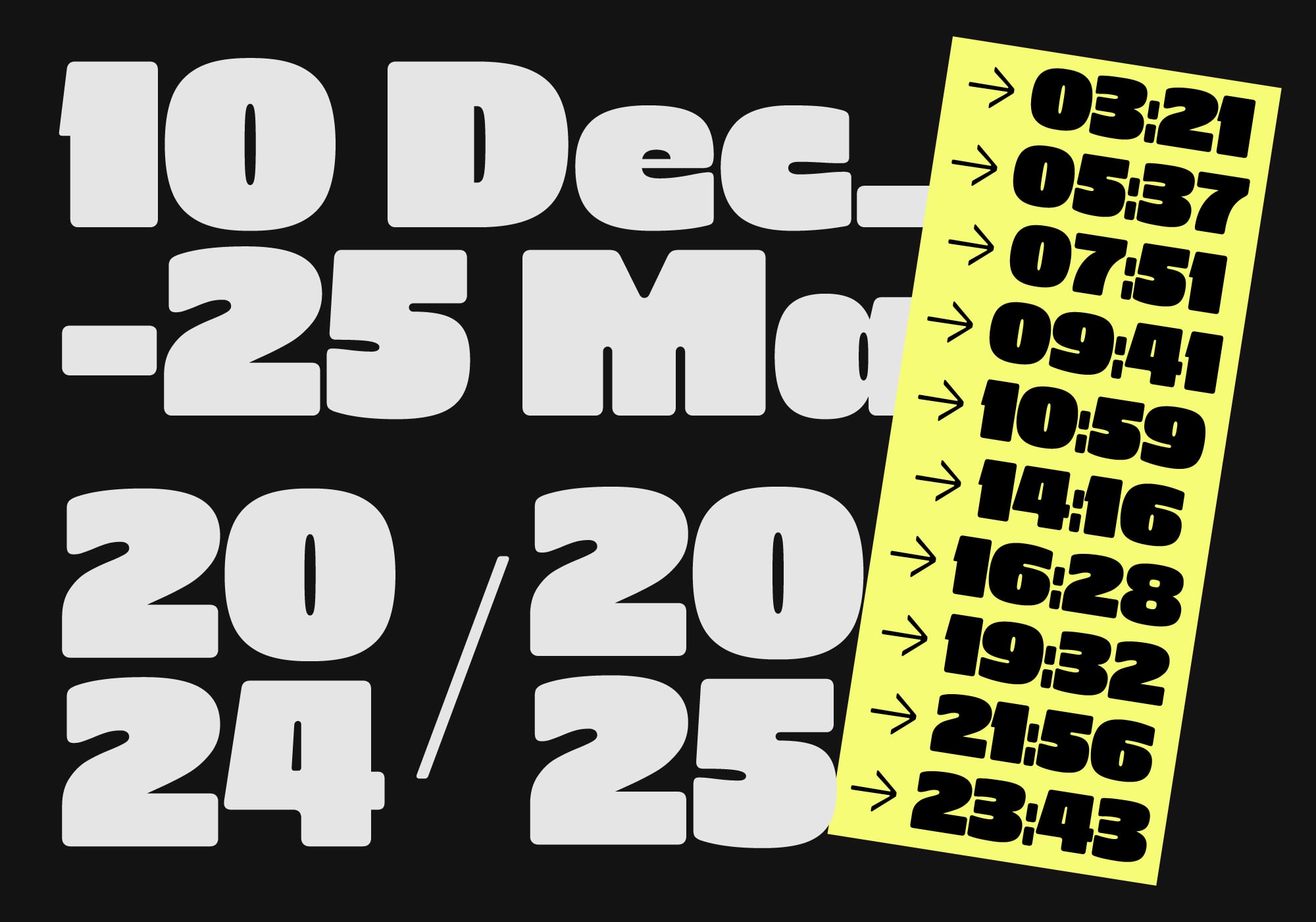 Large white text showing dates with yellow sticky note holding stacked time stamps
