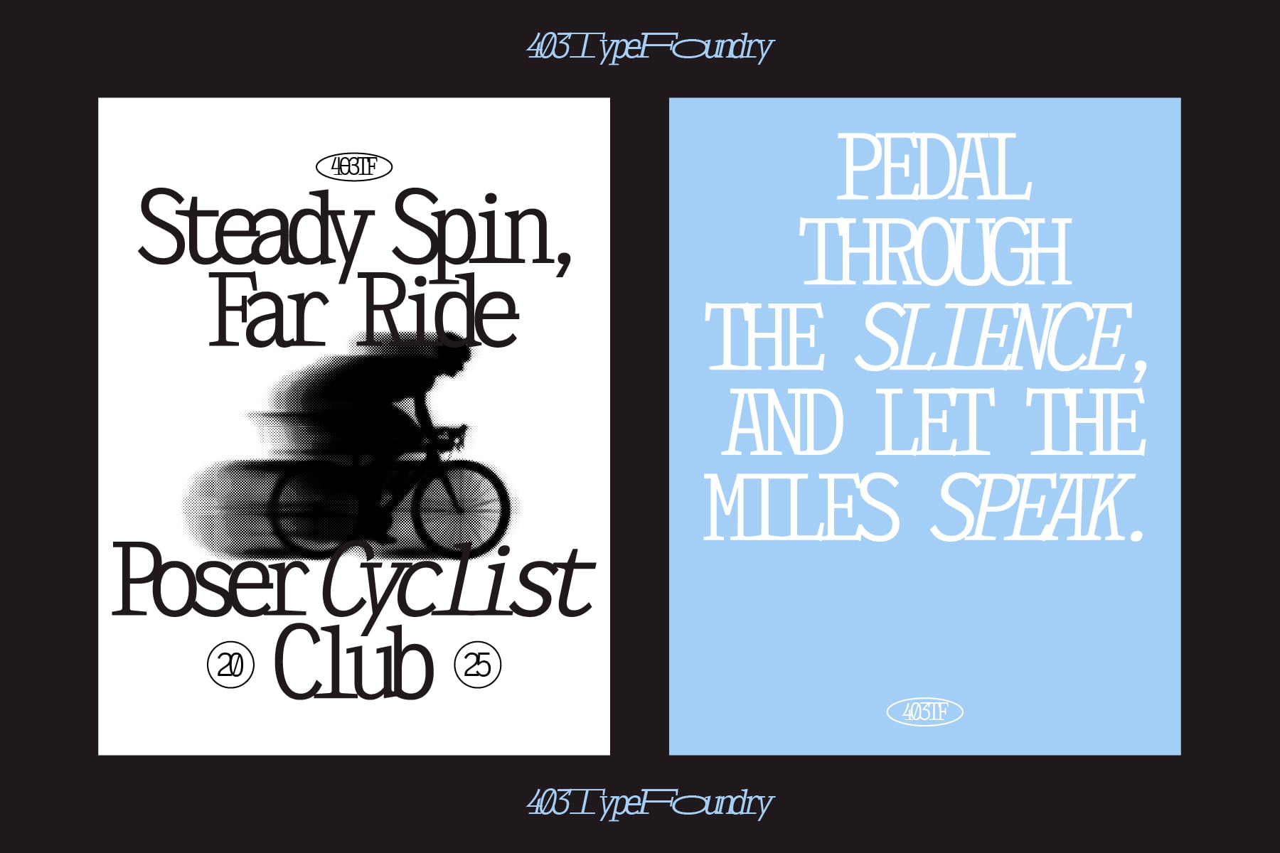 Two-panel poster design featuring cyclist silhouette with cycling club branding in serif typography