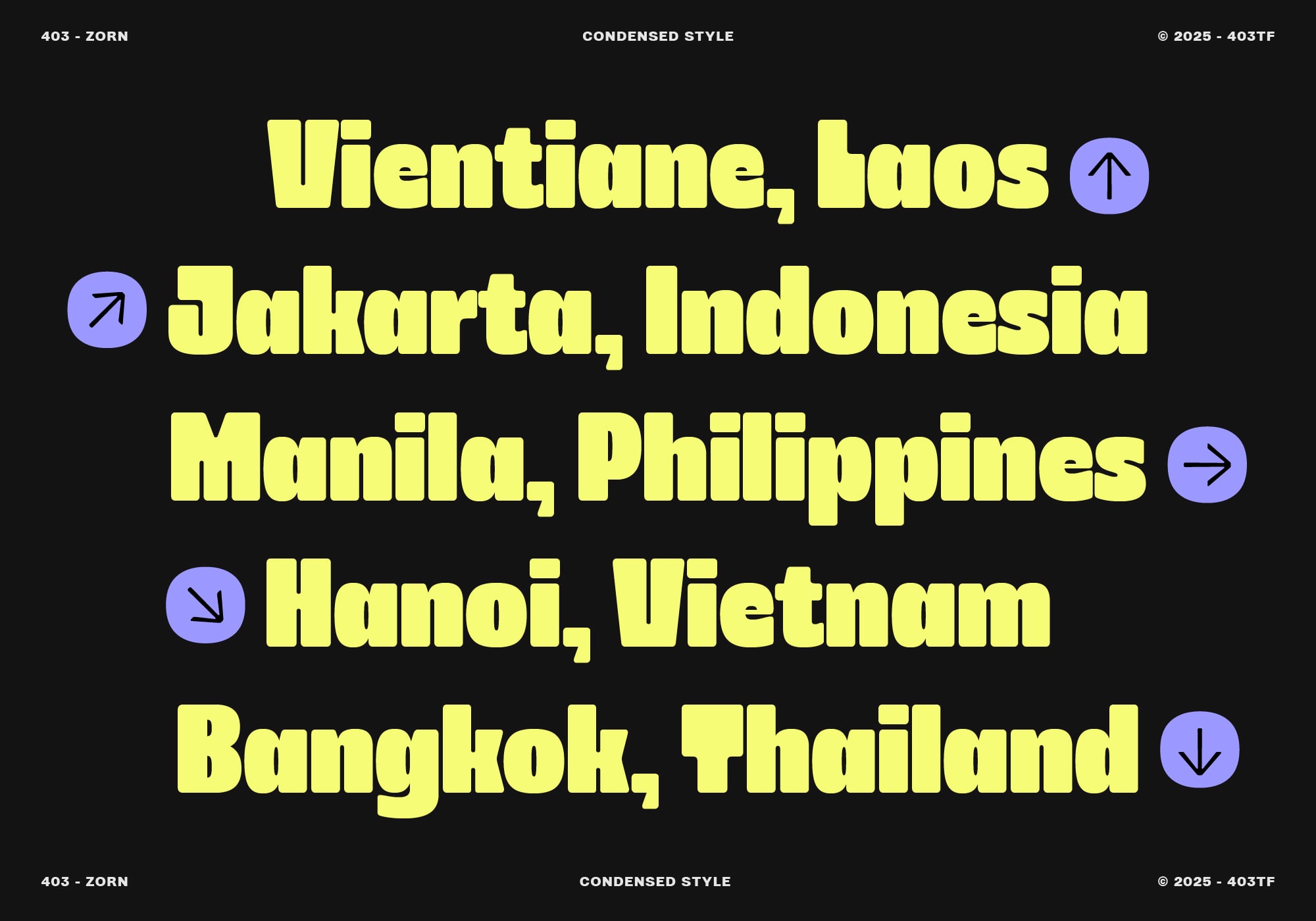 Bright yellow text listing Asian cities with directional arrow icons on dark background