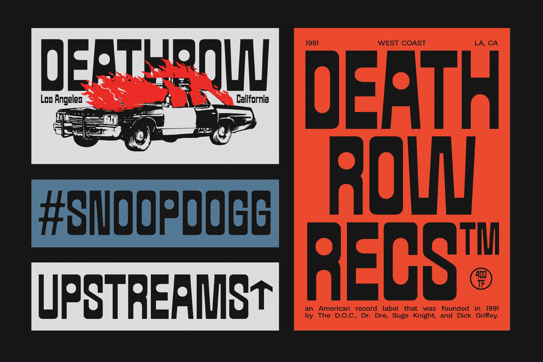 Two bold posters side by side: left shows burning cop car with LA typography, right shows Death Row Records label design