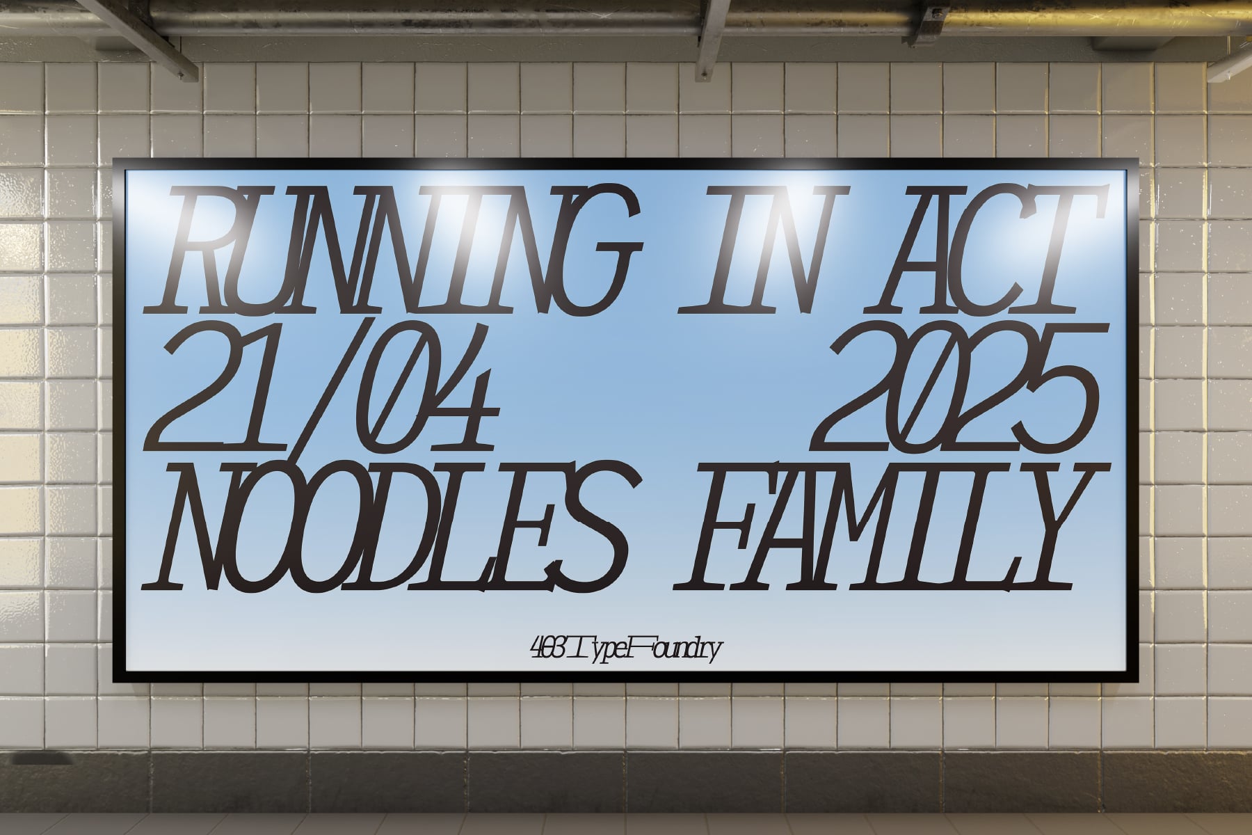 Transit station billboard mockup displaying event dates in serif type on light blue background