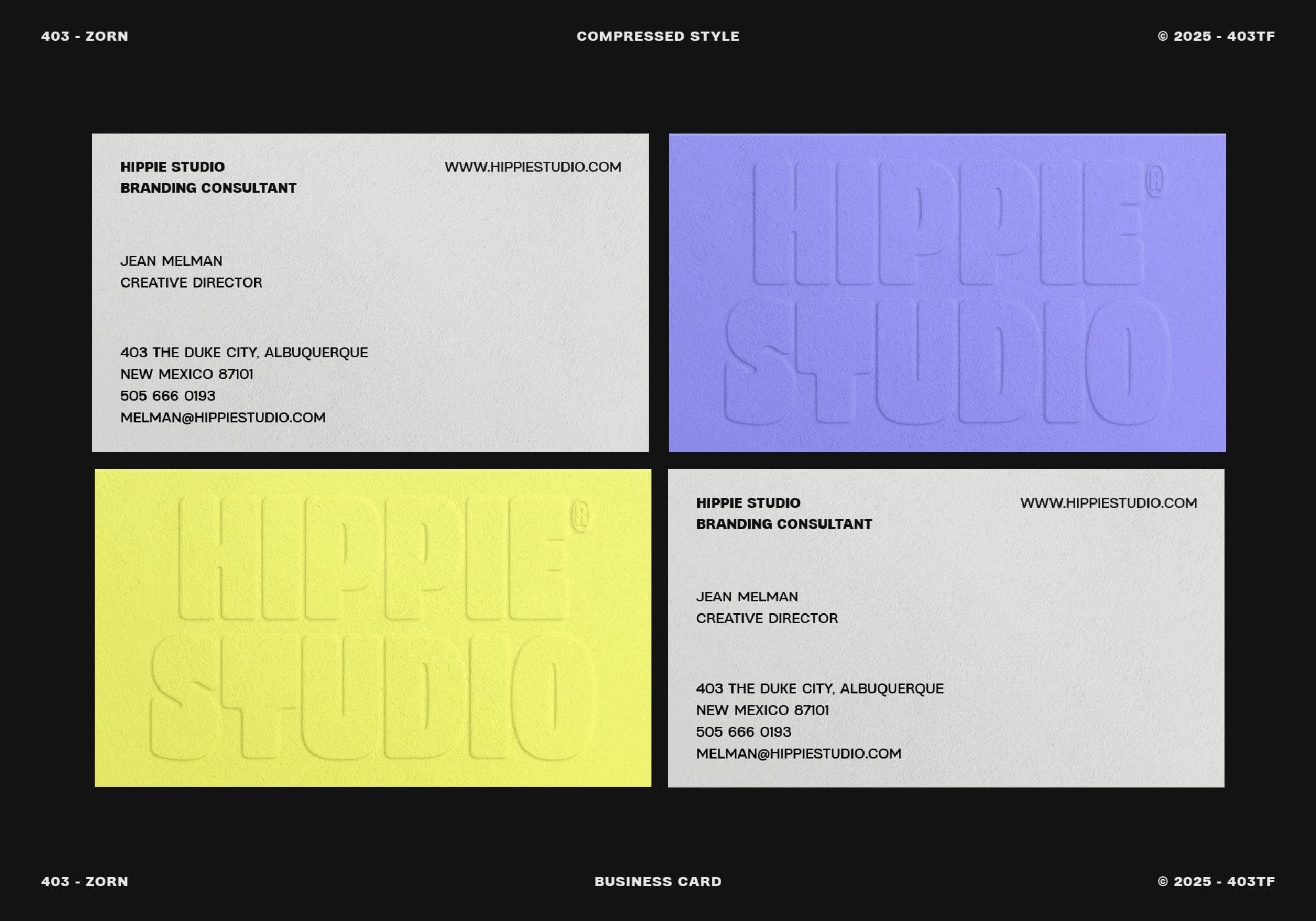 Business cards in purple yellow lime colors with monospaced typeface layout