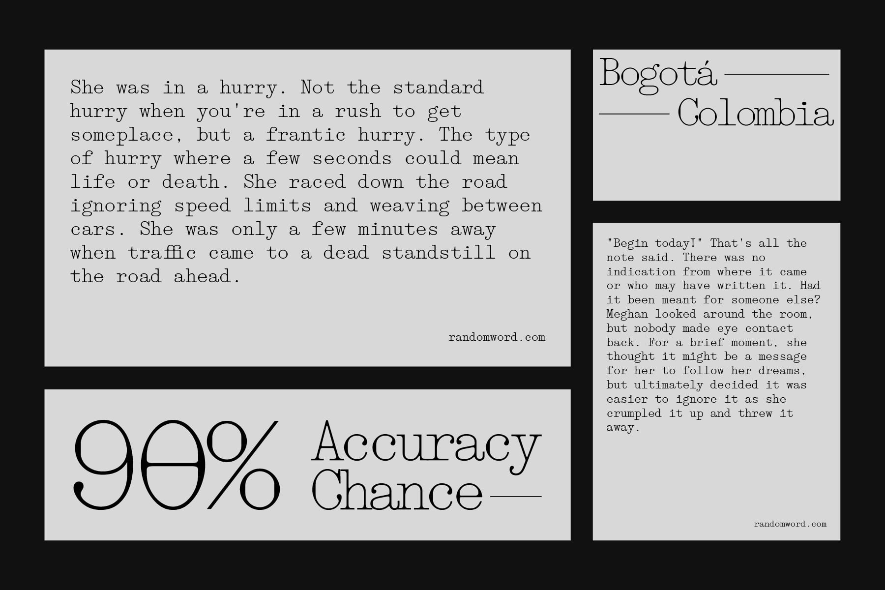 Magazine layout with monospace typeface displaying narrative text blocks