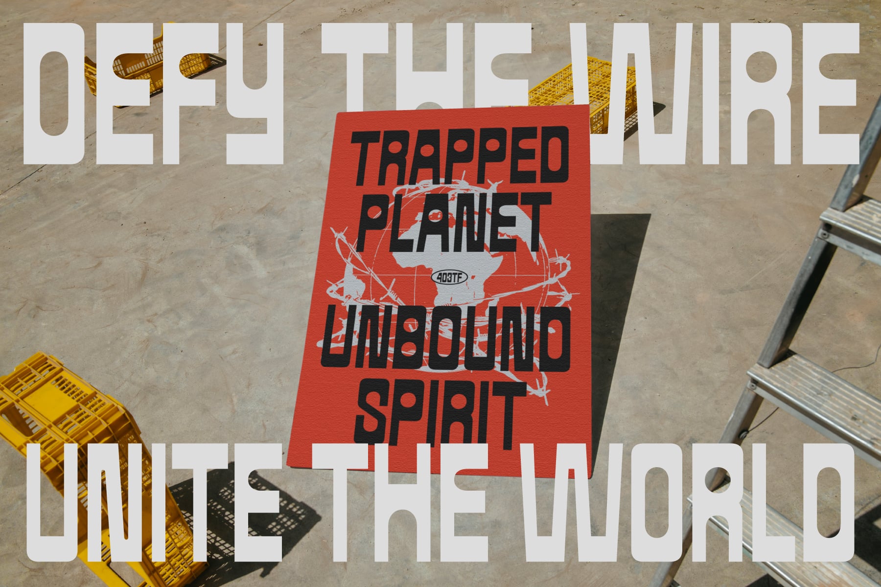 Overhead shot of red poster with black text surrounded by yellow crates, ladder, tools