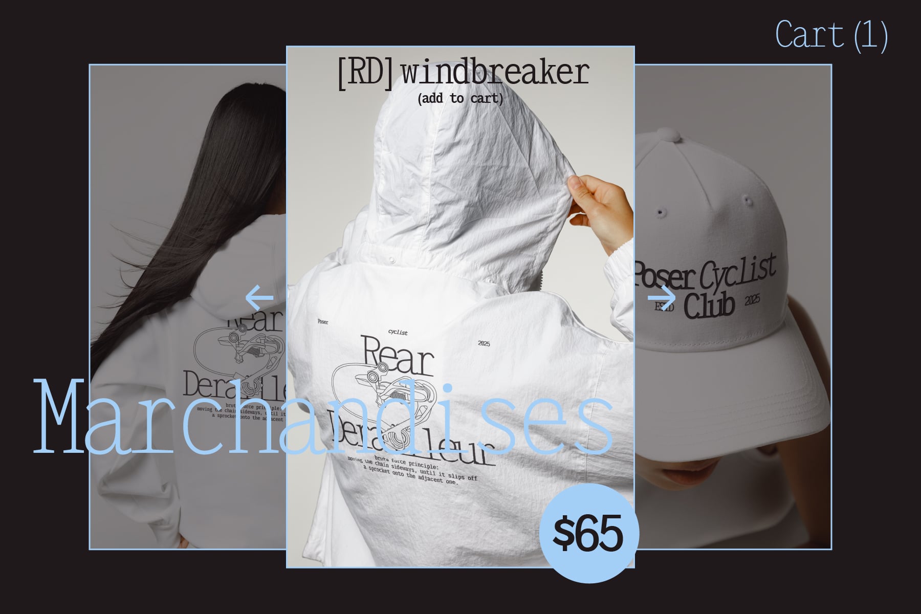E-commerce product carousel showing white windbreaker jacket with cycling club branding details