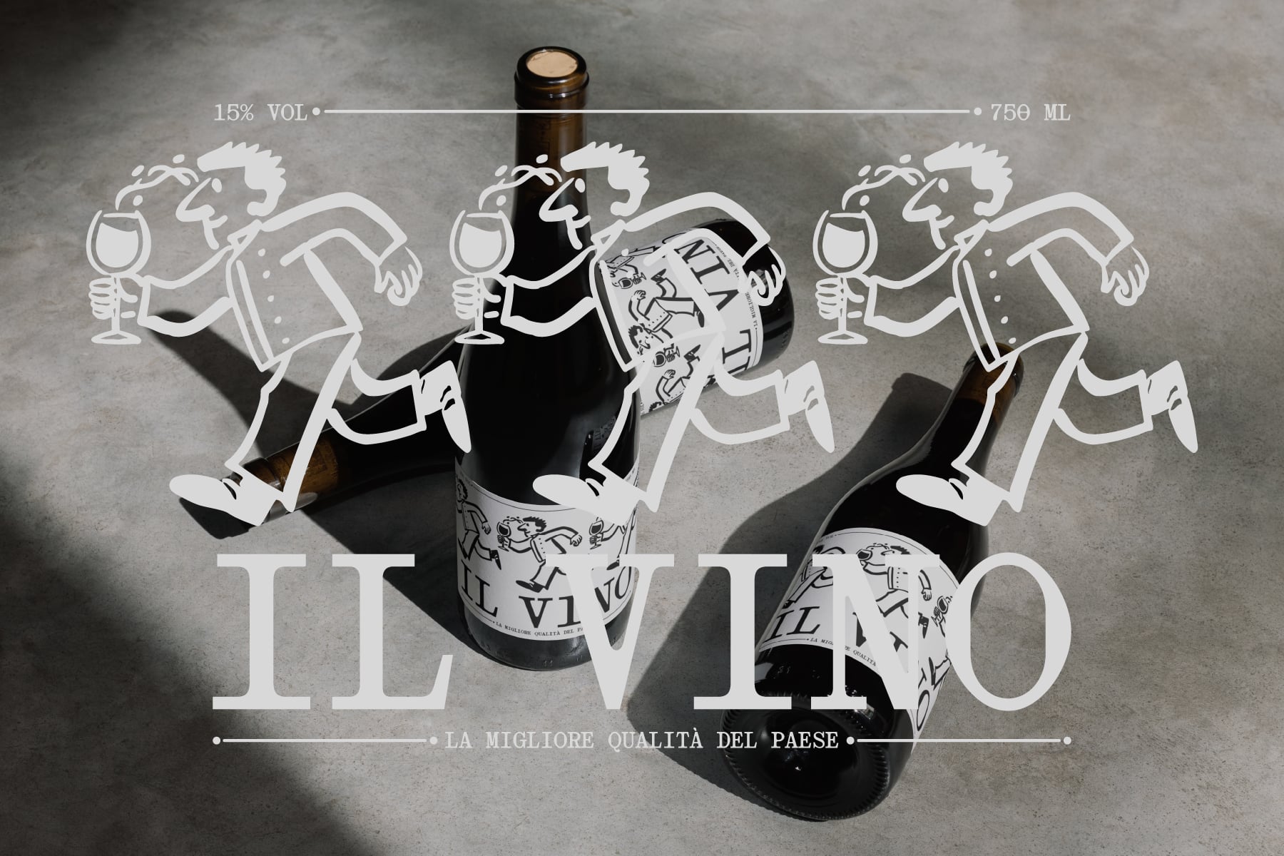 Wine bottle mockup with vintage illustration label featuring dancing figures