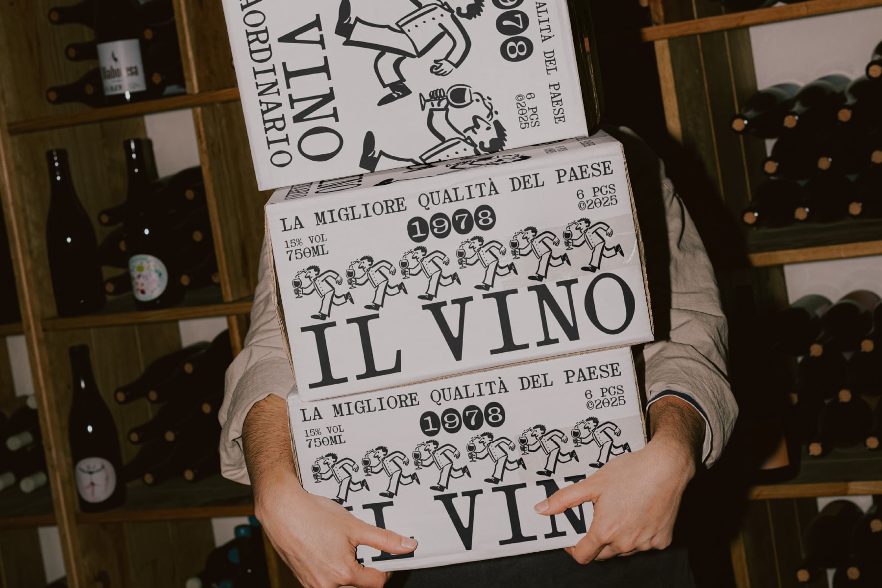 Wine bottle labels stacked with running figures illustration vintage vibes