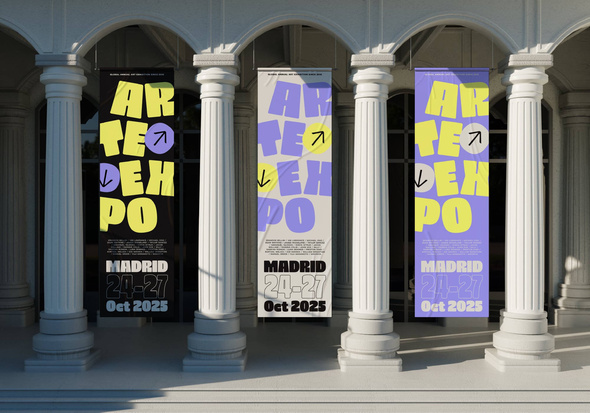 Three vertical banners hanging between classical columns with yellow purple typography