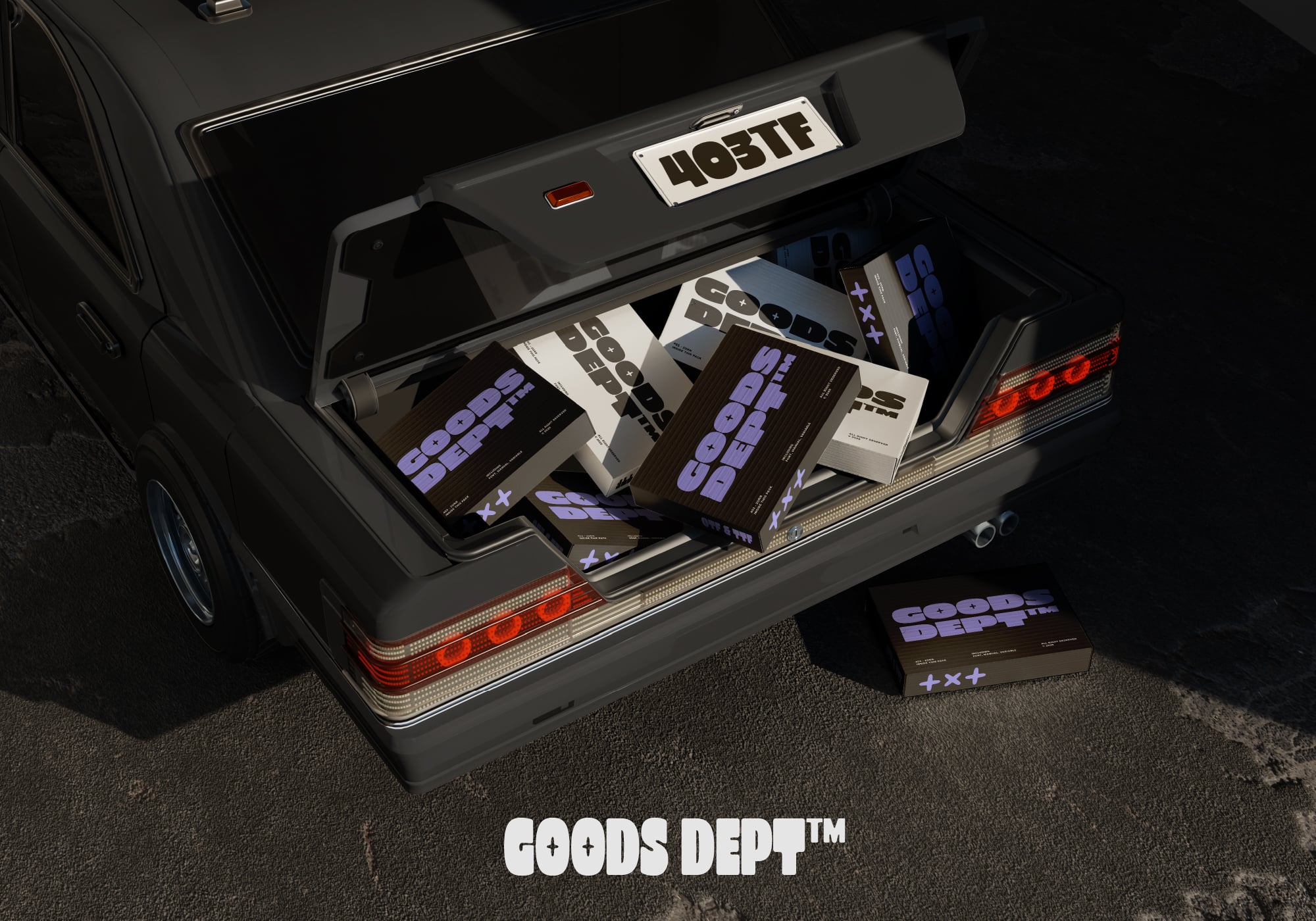 Car trunk packed with stacked black branded boxes with purple text labels
