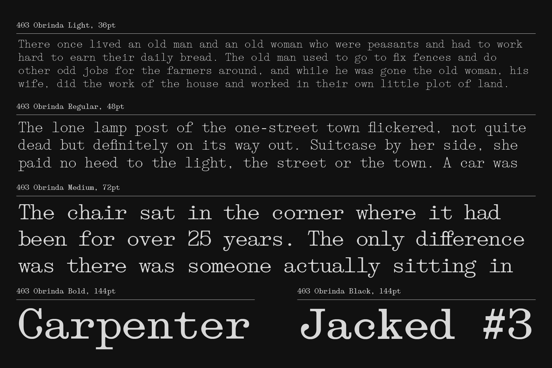 403 Obrinda typeface in multiple sizes showing body copy to headline text