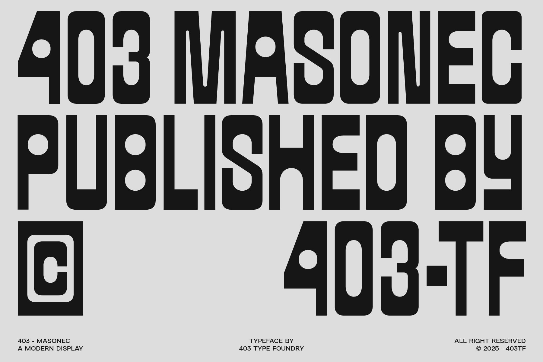 Modern display typeface in black on light gray with credit text below