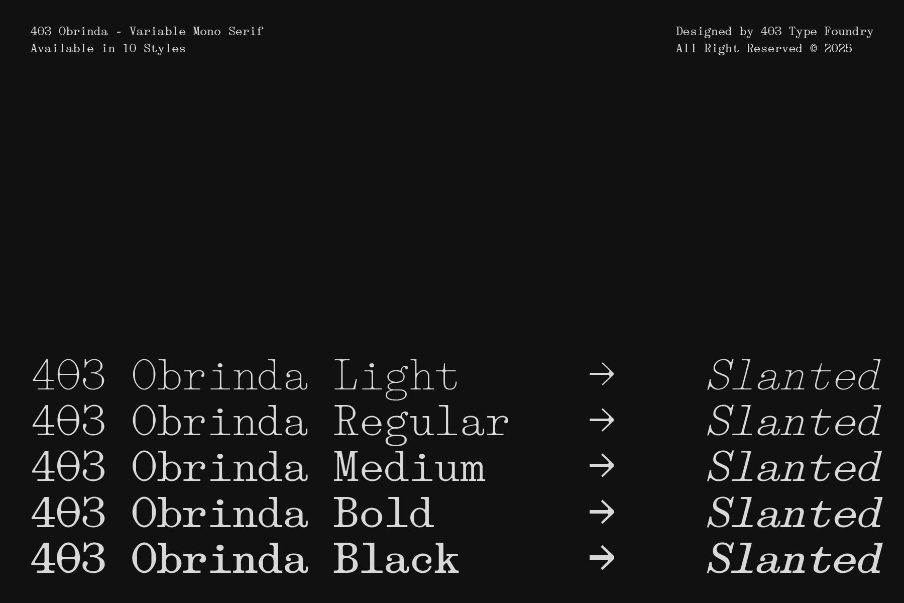 403 Obrinda variable serif font weight samples from light to black styles