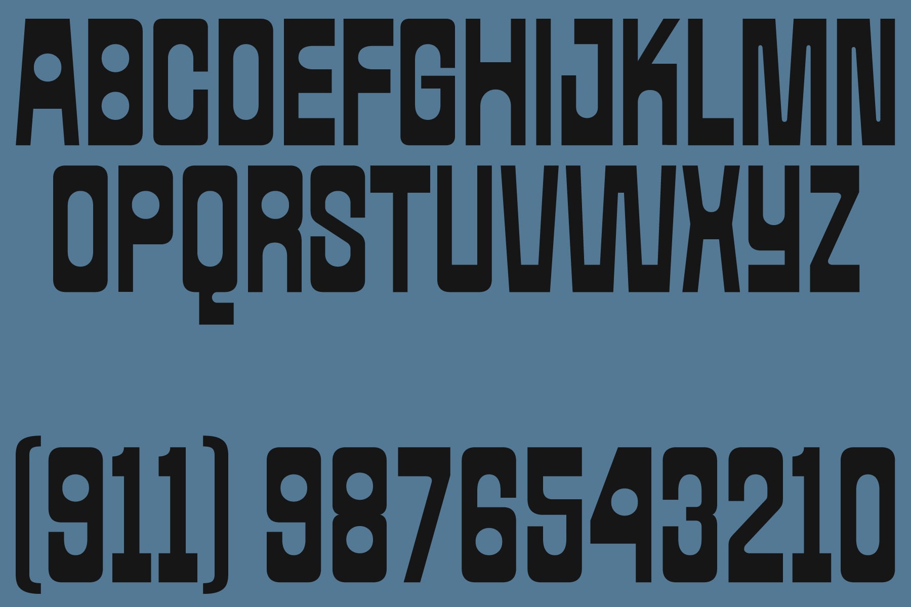 Blue background displaying bold sans serif font alphabet with numbers