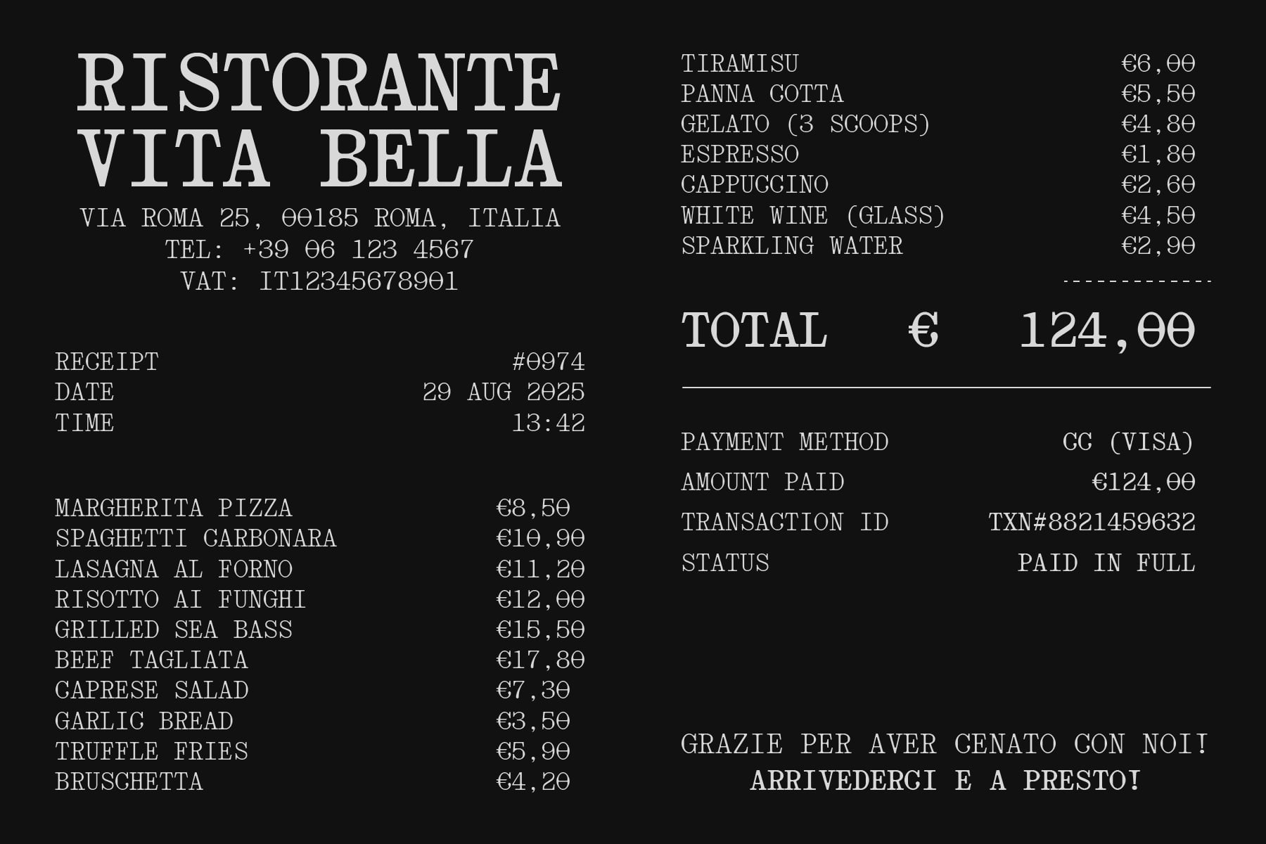 Italian restaurant receipt mockup with menu items, prices, total in euros