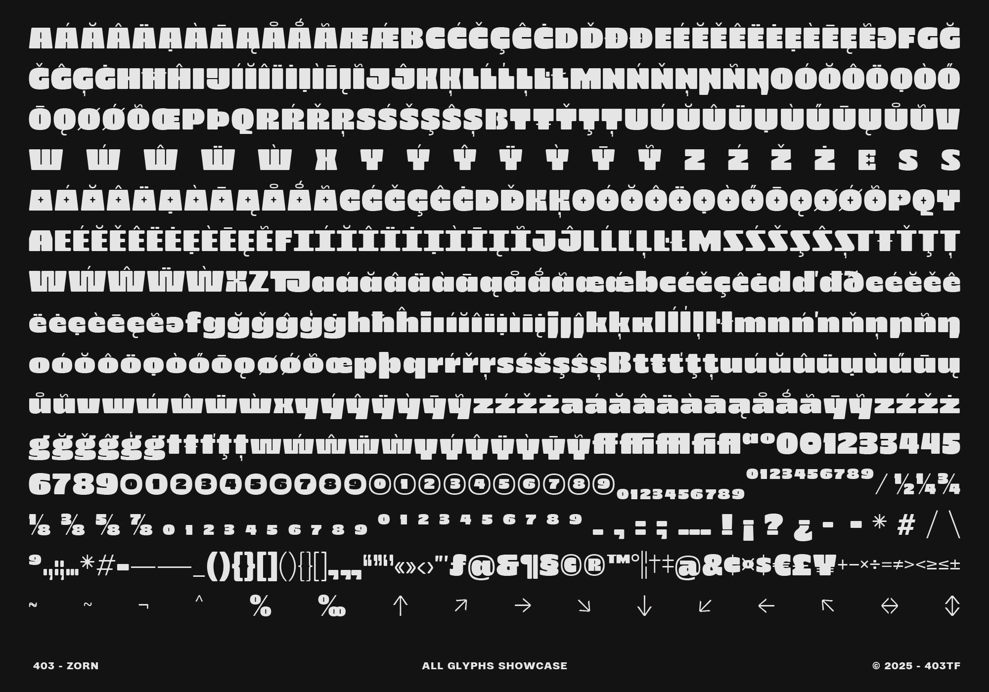 Complete character set glyph map for 403 Zorn typeface on black background