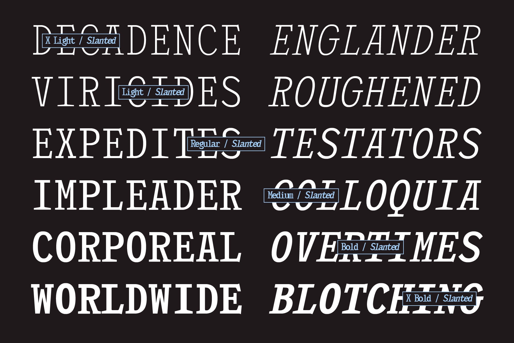 Serif typeface specimen showing uppercase letters with light slanted style variations