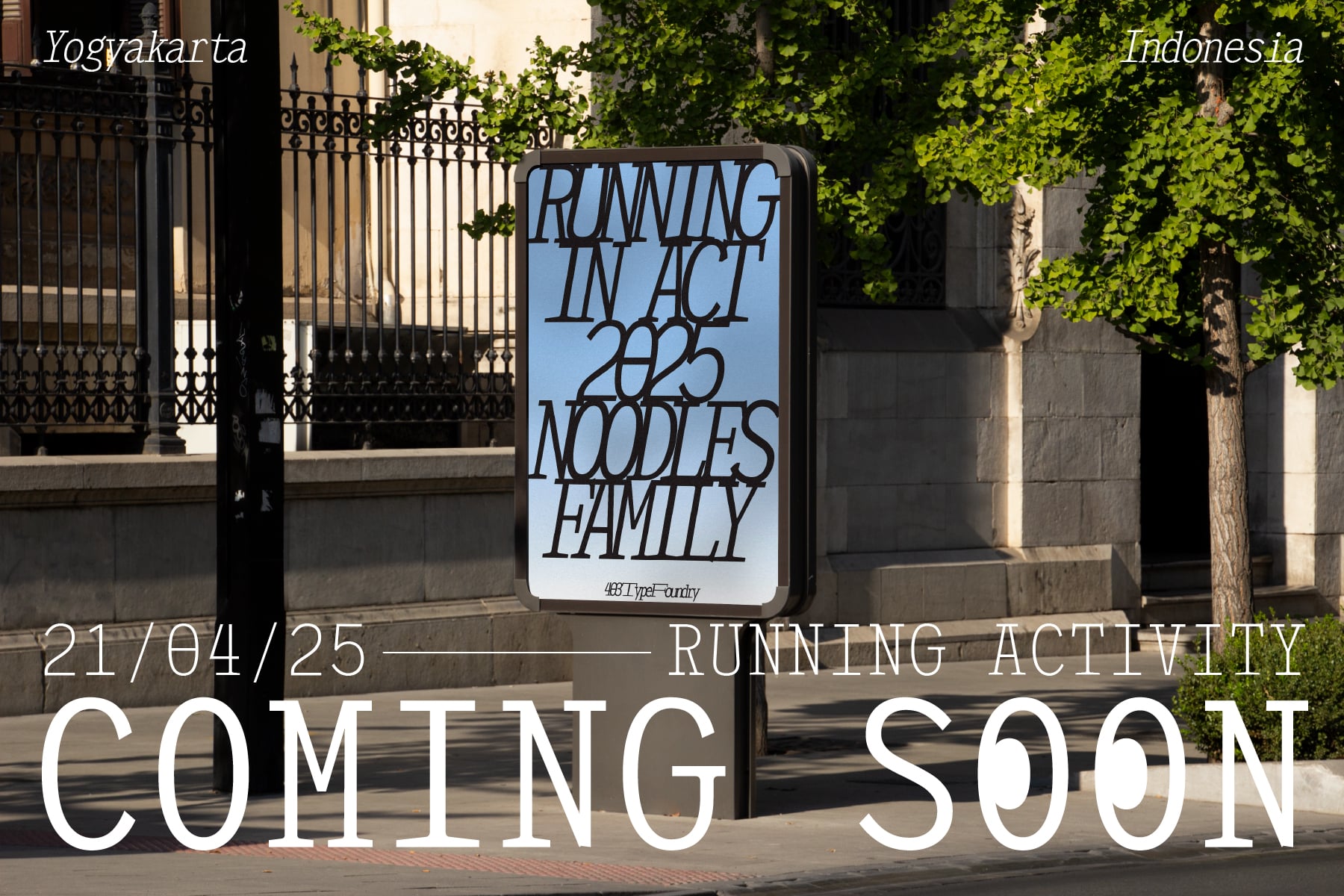 Street sign mockup with hand-drawn text reading Running in HCI 2025 Noodles Family
