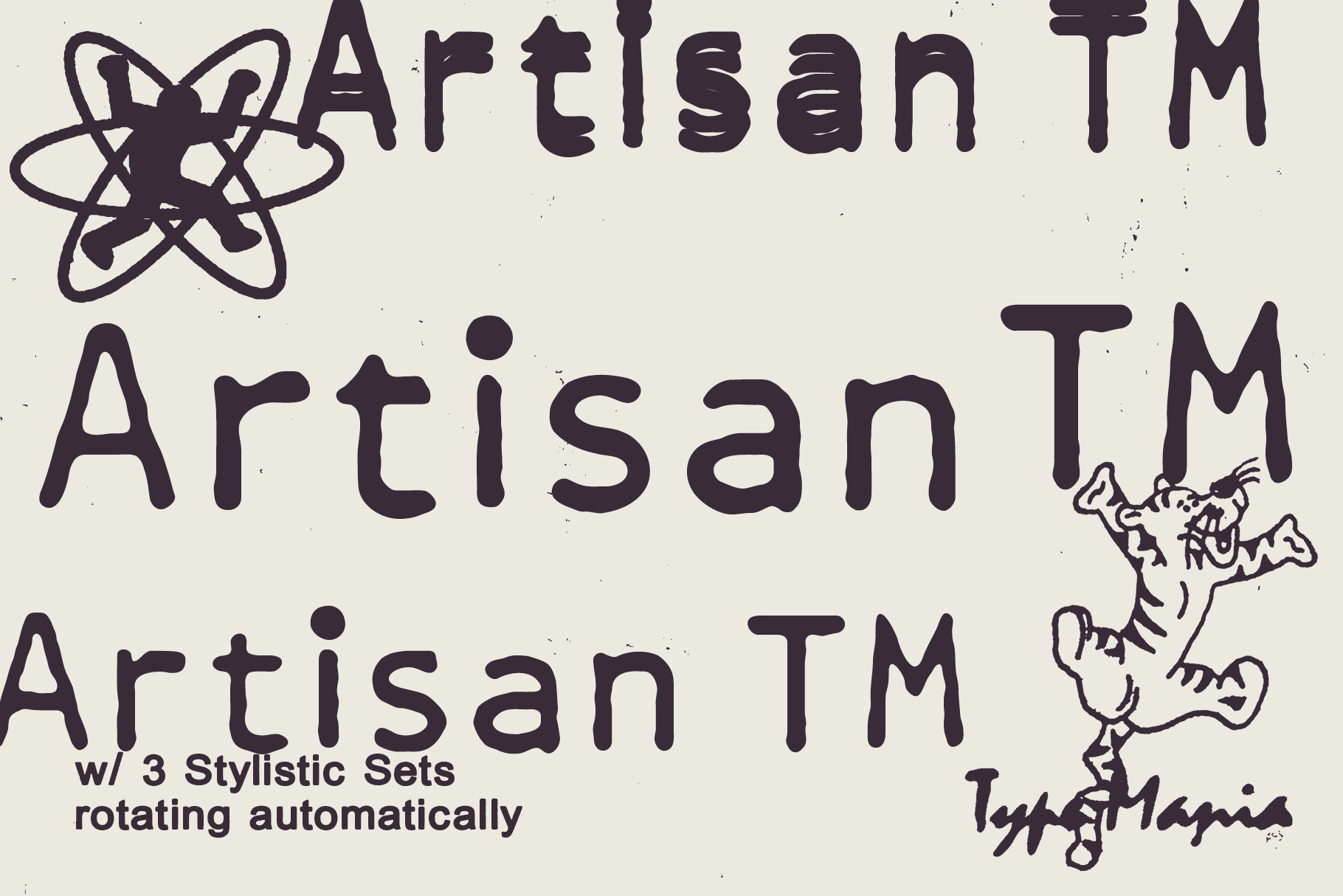 Artisan TM font name repeated three times with doodle graphics on beige