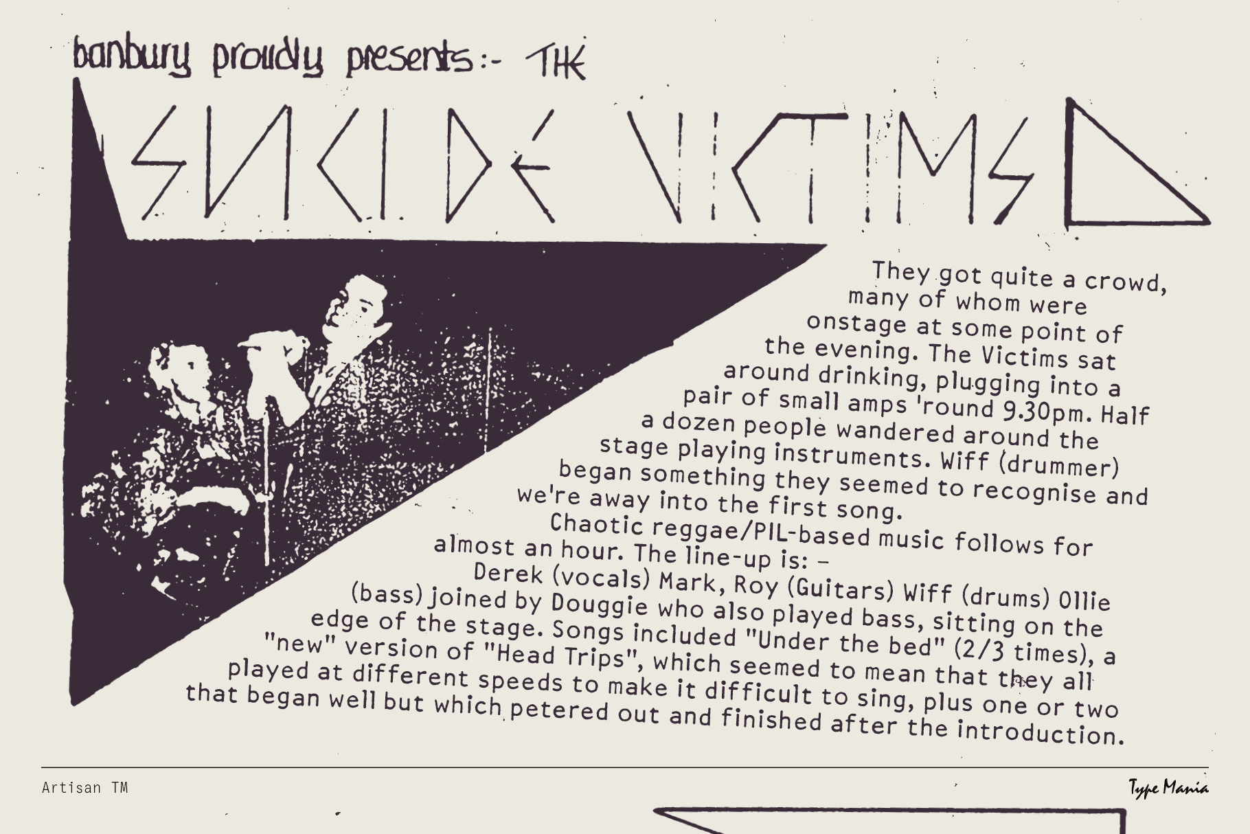 Vintage music flyer for Suicide Victims show with band details on cream background